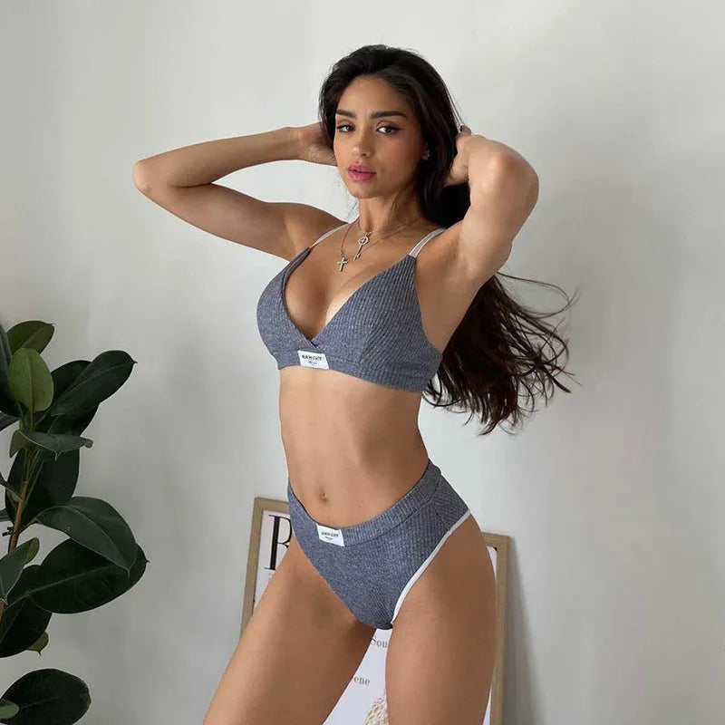 Women's embroidery bikini set with contrast colour binding letters in black, gray or white