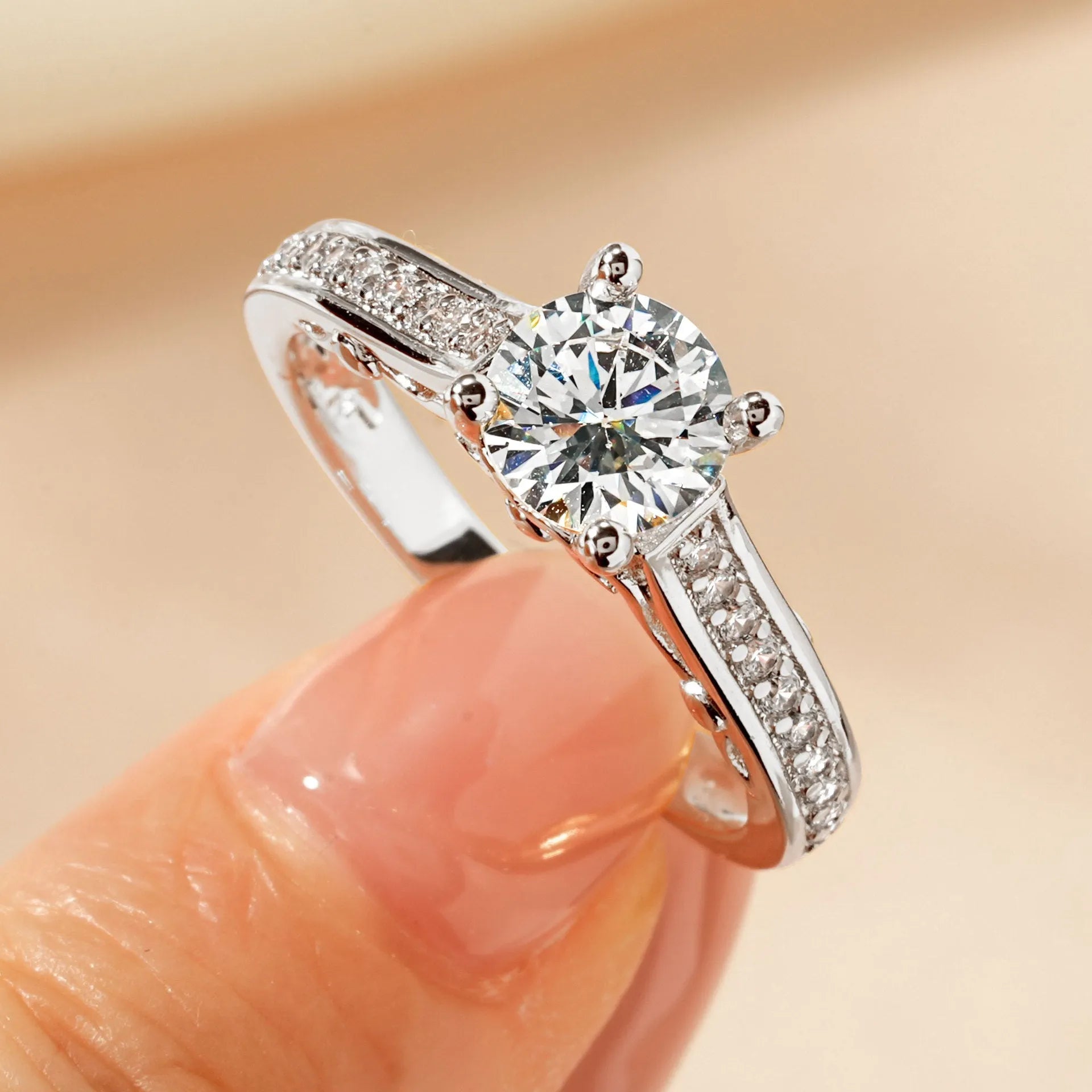 Women's zircon ring with electroplated K white or K yellow finish in geometric design with round elements