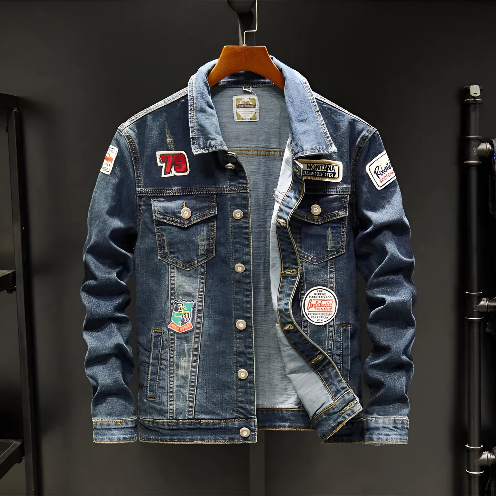 Plus size men's dark blue denim jacket with slim fit, long sleeves, round hem, no hood, cotton fabric