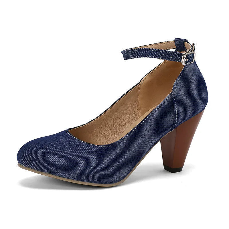 Blue denim women's high heel shoes with a buckle strap and waterproof platform sole.