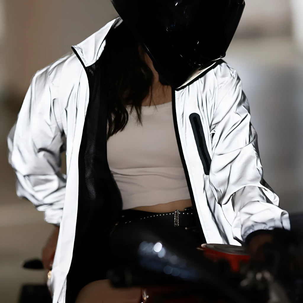 Silver long sleeved waterproof windproof polyester coat for men and women.