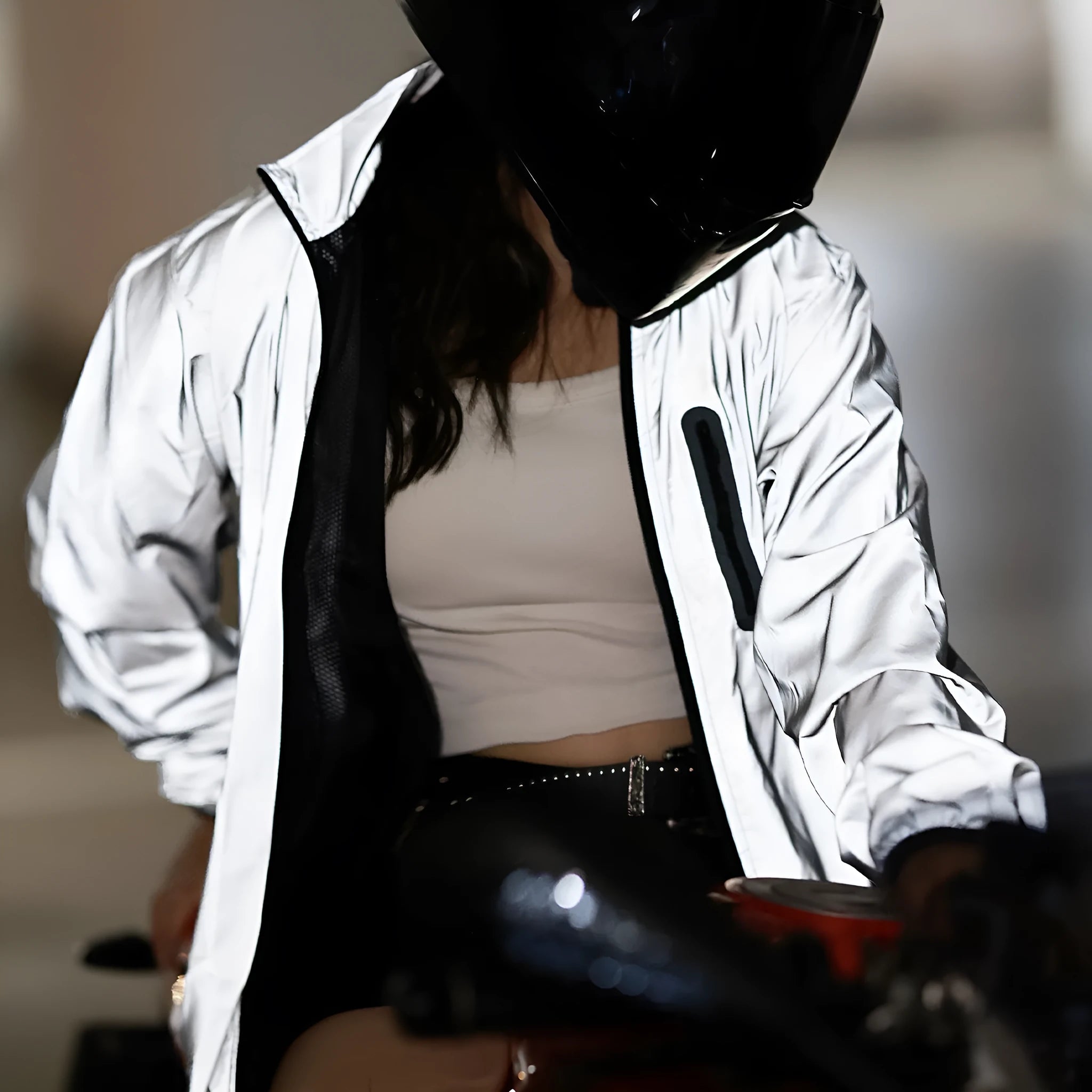 Silver long sleeved waterproof windproof polyester coat for men and women.