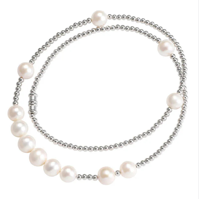 Unisex pearl necklace with bead on 51cm chain, silver spacer