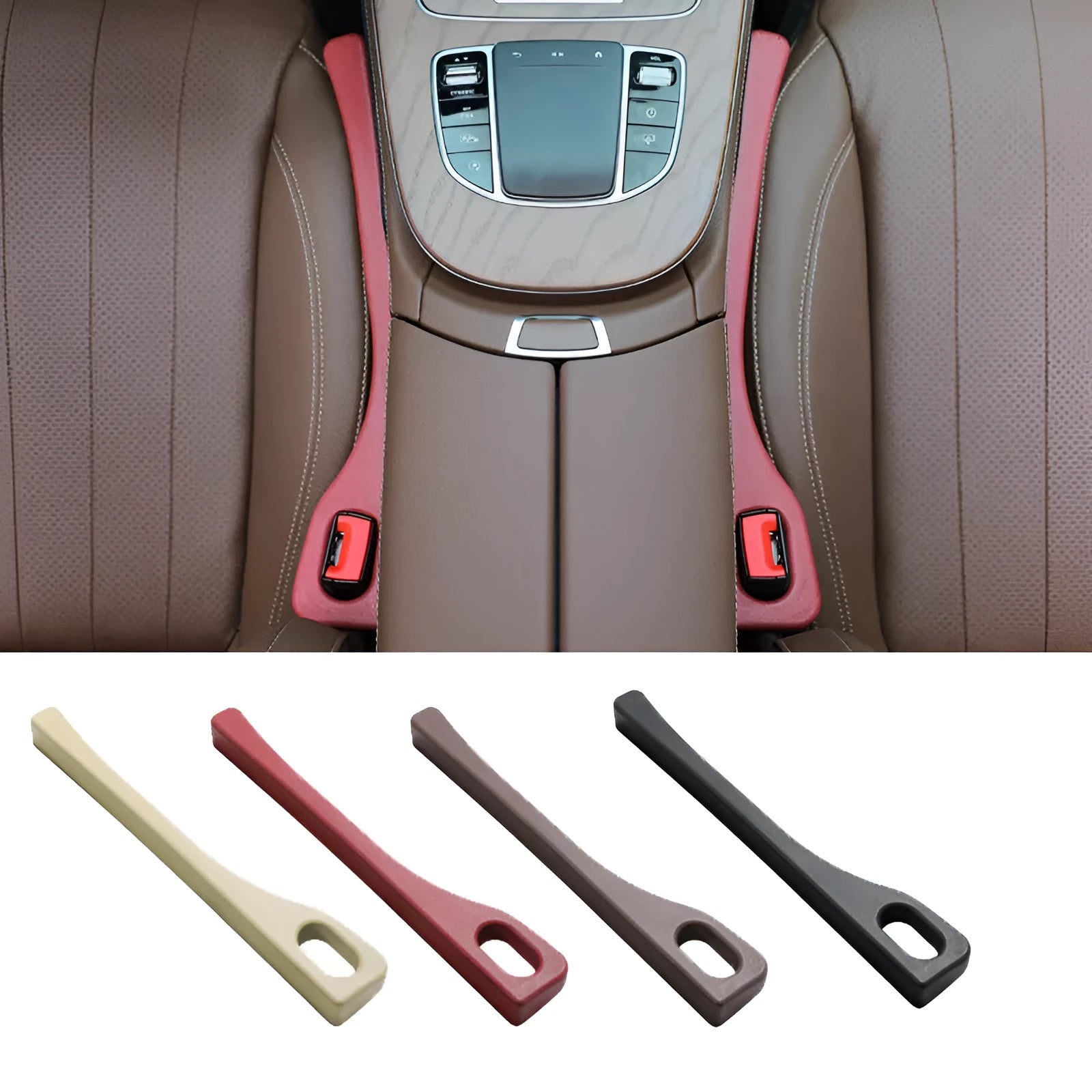 A pair of polyurethane car seat gap strips in beige colour on a car seat.