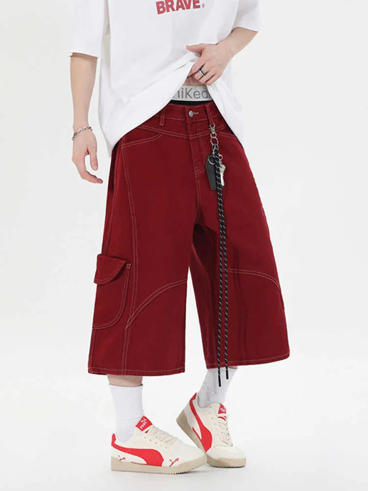 Retro denim work shorts with multiple pockets in wide leg cropped design