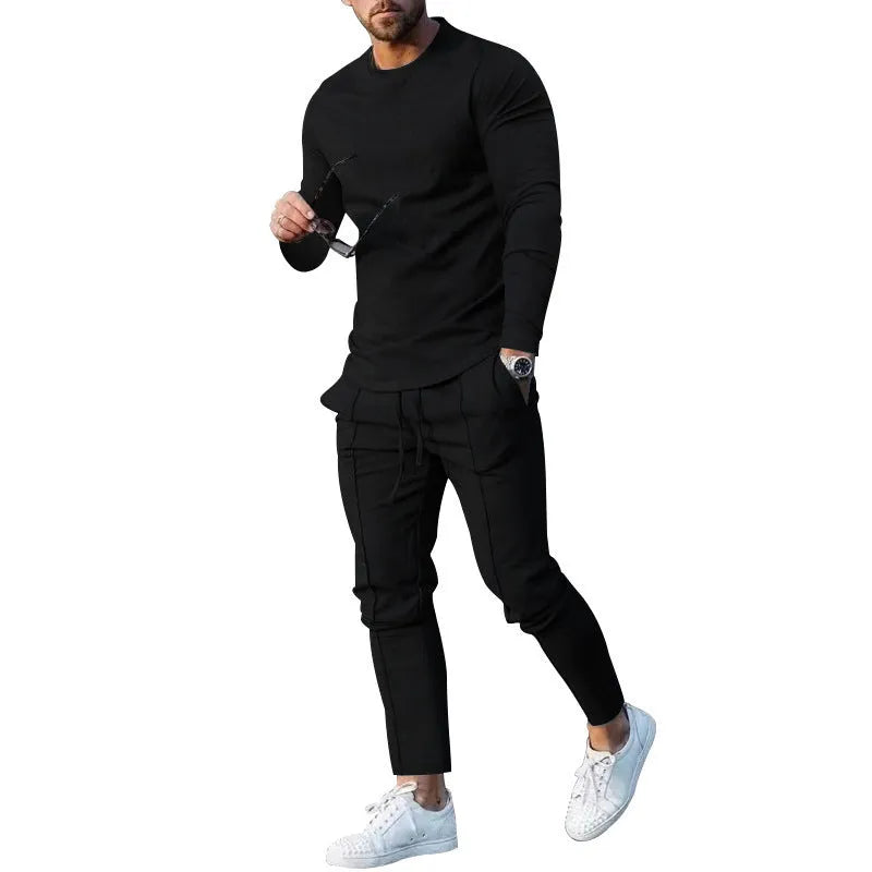 Men's light grey polyester two-piece casual suit with round neck long sleeve T-shirt and trousers