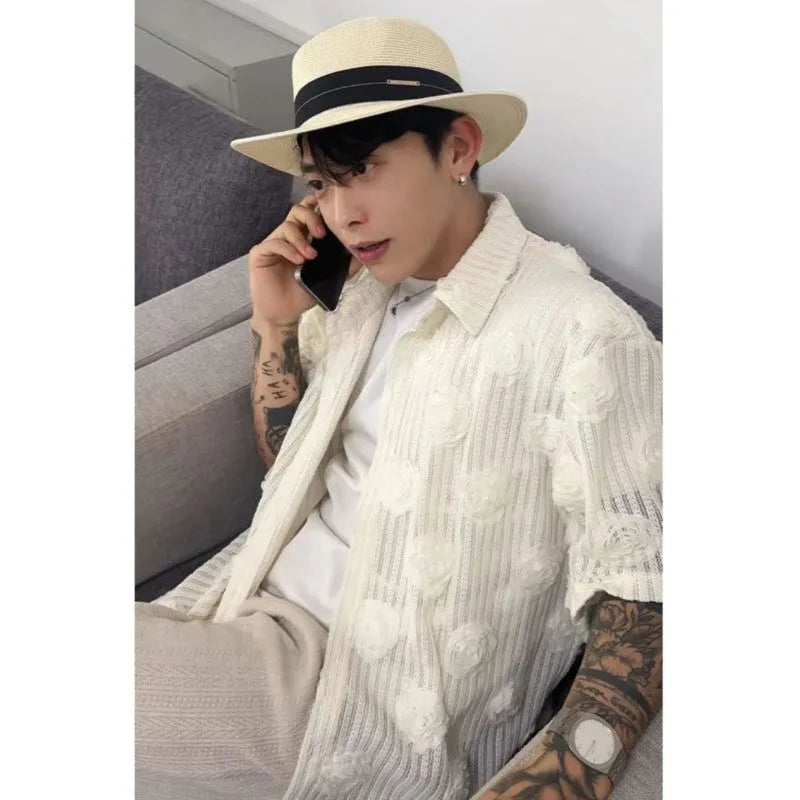 Heavy industry floral pattern short sleeve shirt with wool lining in milky white colour