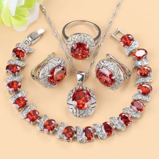 Four-piece mixed gem-inlaid copper jewellery set with necklace, earrings, ring, and bracelet in green TZ-05 colour for women