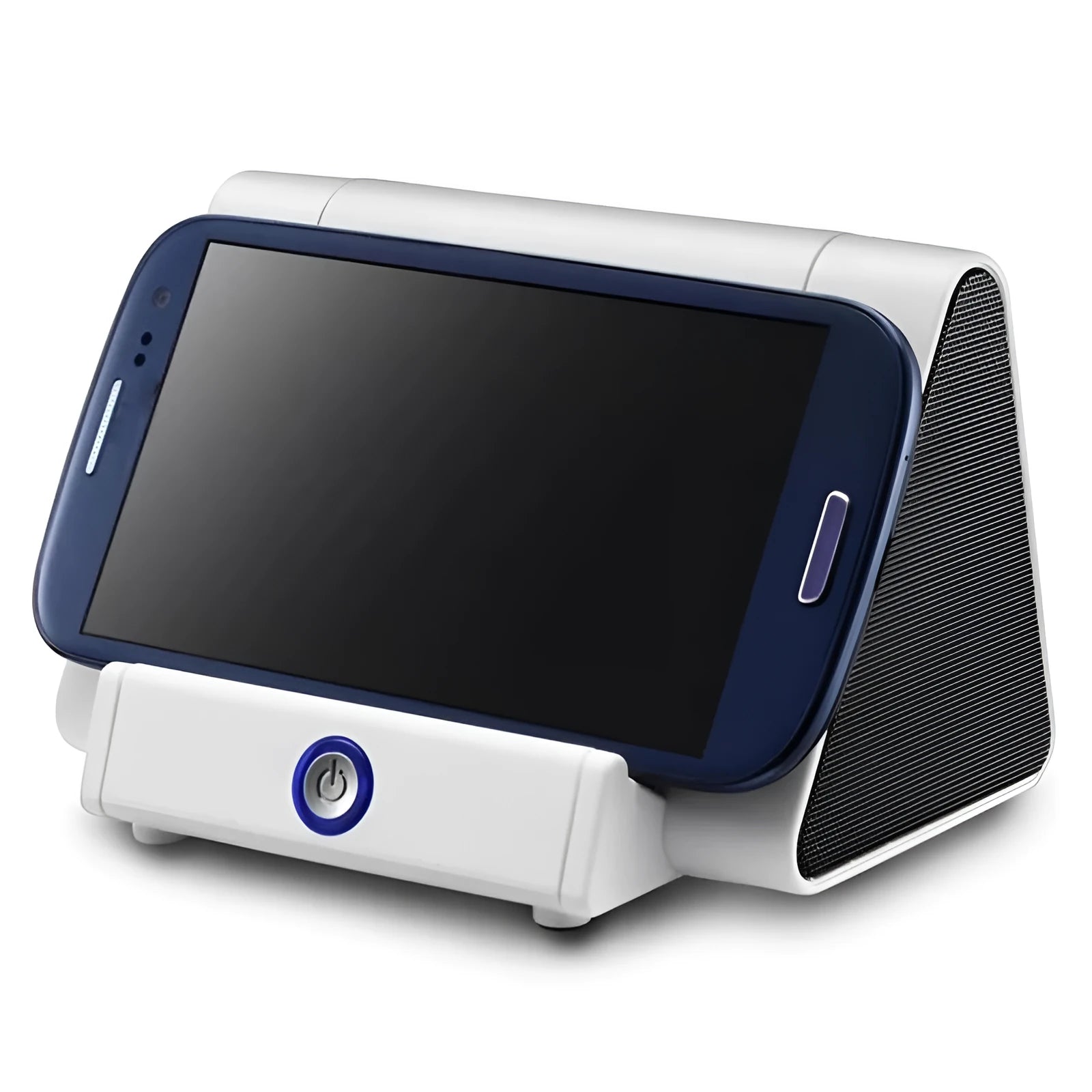 Small black and white wireless Bluetooth speaker with built-in charging cable.