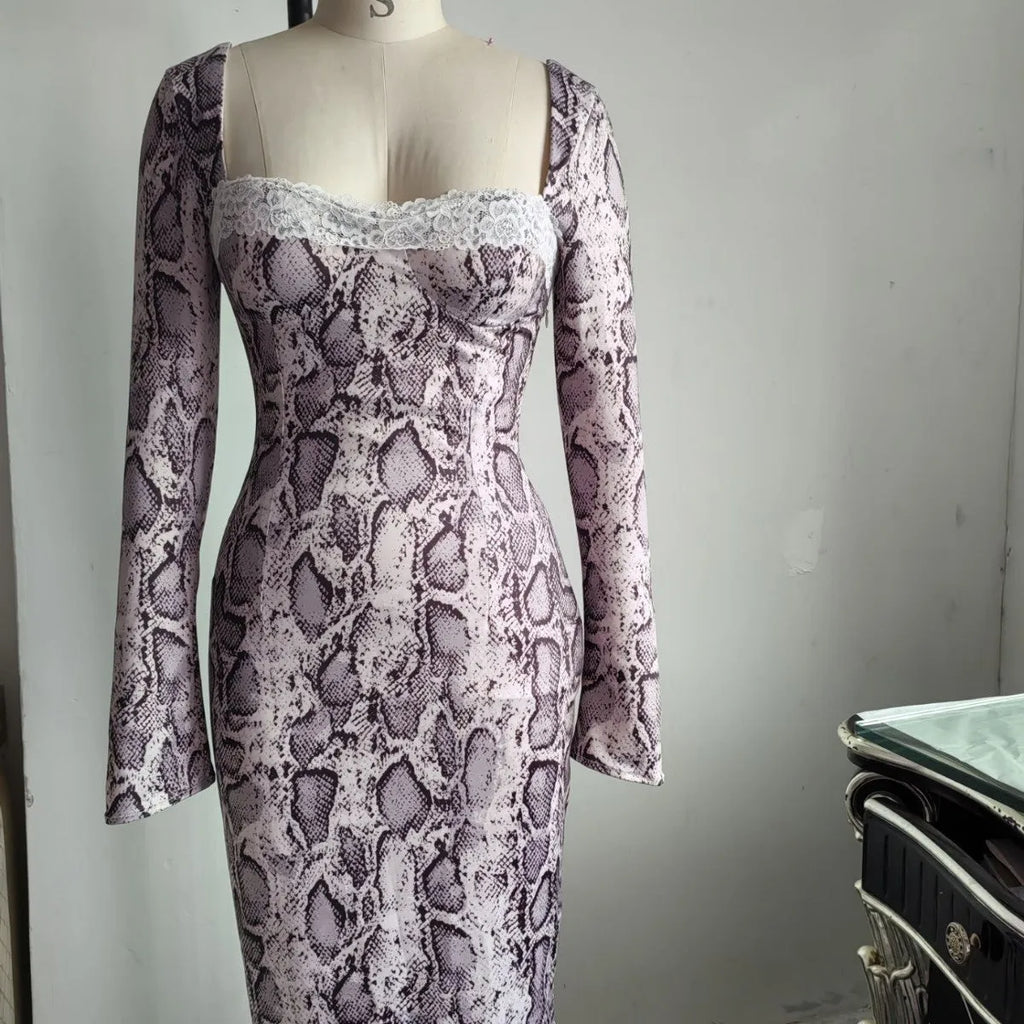 Grey slim fit lace dress with long sleeves, A-line skirt, and a digital 3D printed pattern.