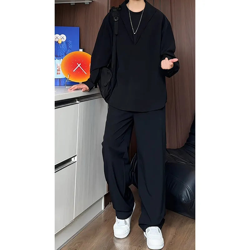Man wearing a slim fit apricot coloured long sleeve polo shirt and matching trousers, a casual two-piece hemp suit set.