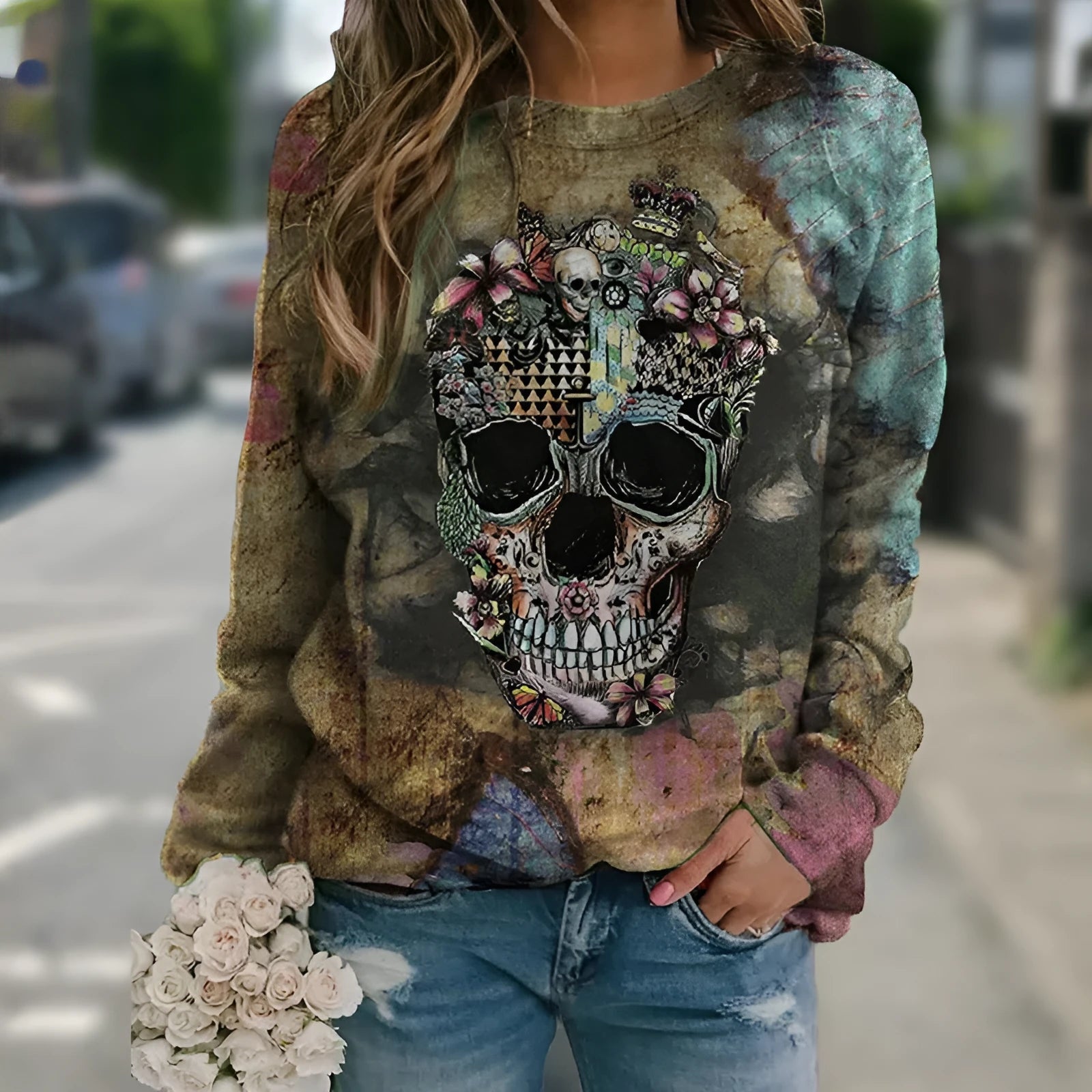 Black long sleeve sweatshirt with a large skull graphic print on the front.
