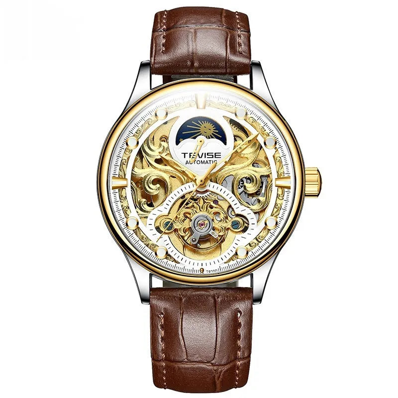 Men's gold and white leather strap automatic mechanical watch with waterproof design