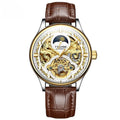 Men's gold and white leather strap automatic mechanical watch with waterproof design