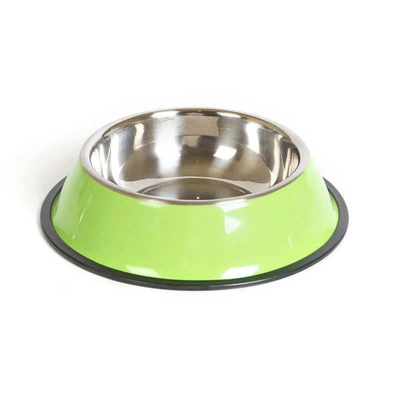 Stainless steel and colourful melamine dual pet feeding bowl with non-slip rubber base