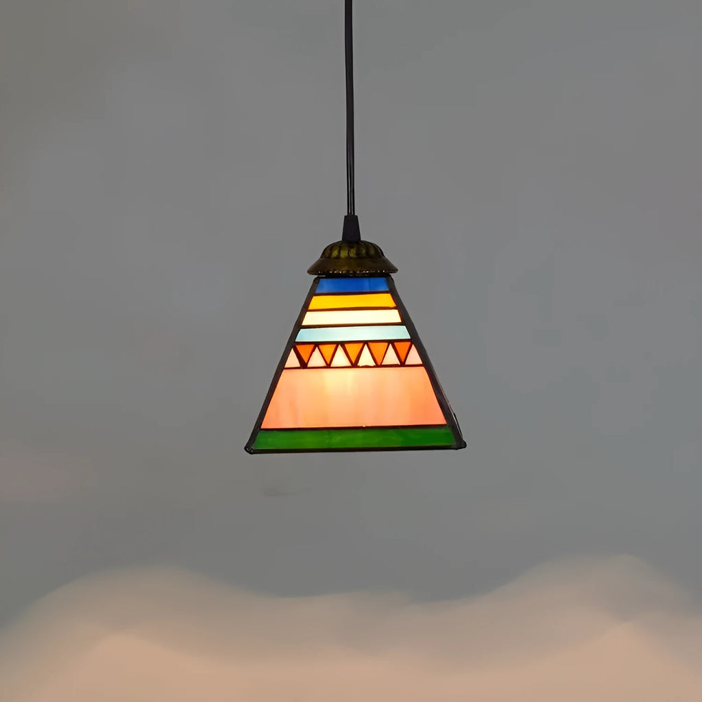 Art stained glass small droplight pendant with coloured glass shade and iron base.