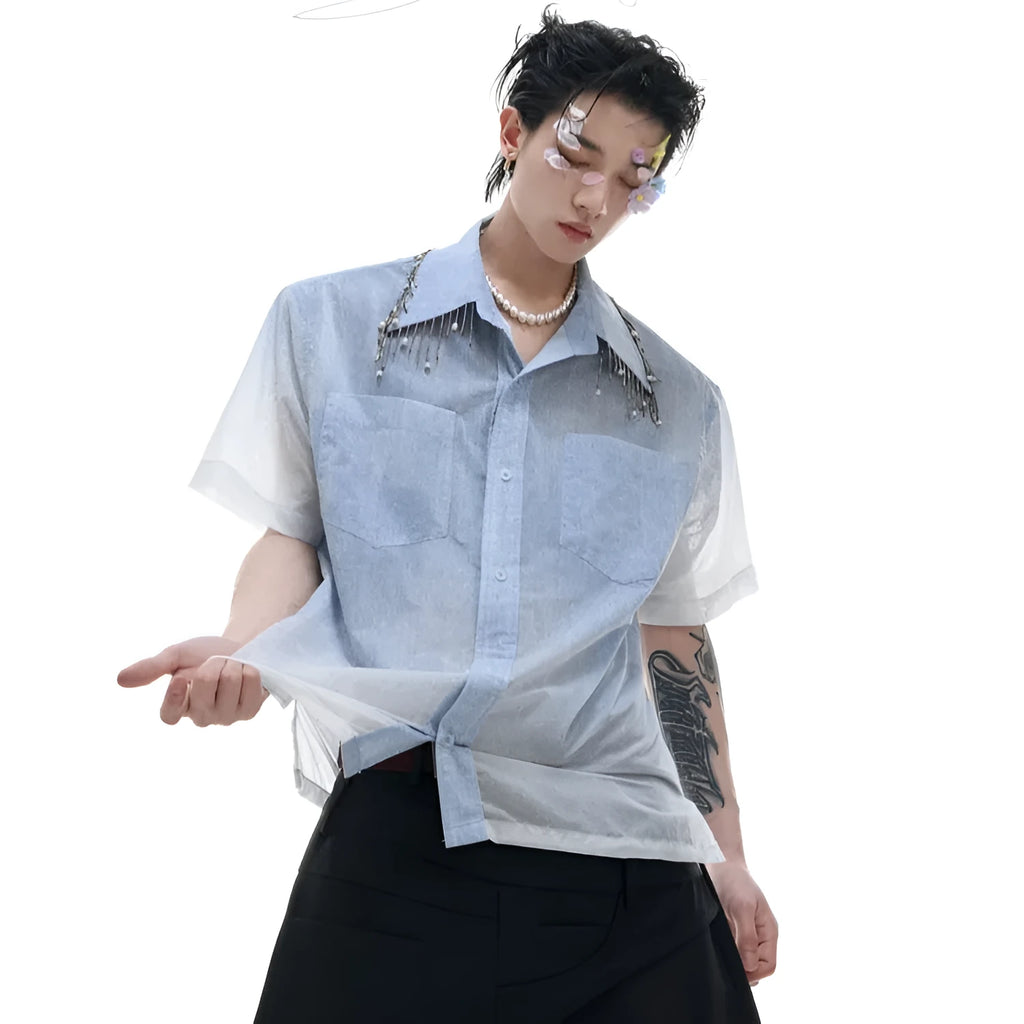 Man's blue and white gradient loose-fit casual half-sleeve polyester shirt
