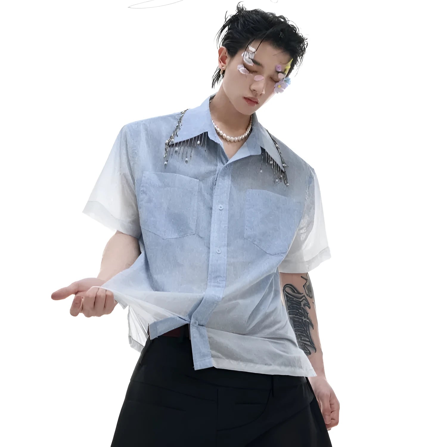 Man's blue and white gradient loose-fit casual half-sleeve polyester shirt