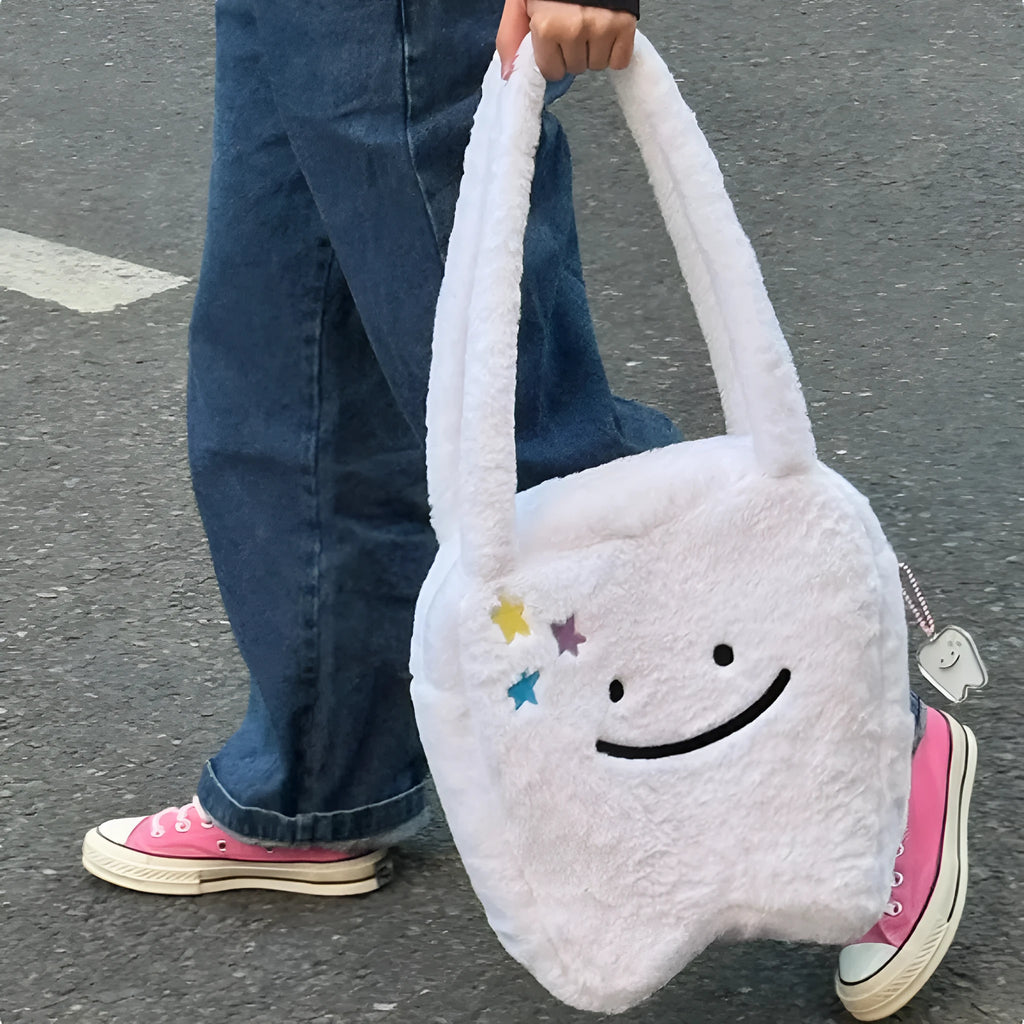 White plush shoulder tote bag with cute teeth design and crossbody strap