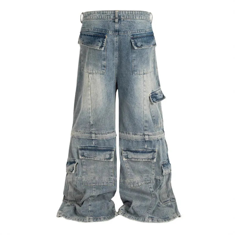 Detachable washed-out cotton overalls in black or blue with multi-pocket design