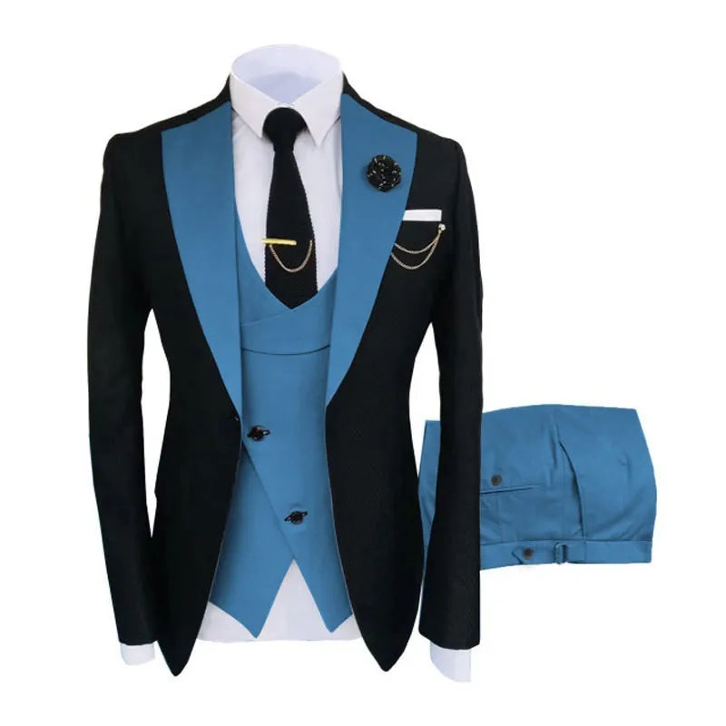 Men's slim fit three-piece business suit with coat, vest, and trousers in cotton fabric