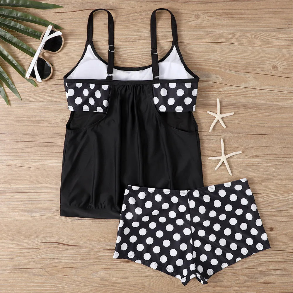 Women's polka dot print high-waist boxer swimsuit briefs in multiple colours.