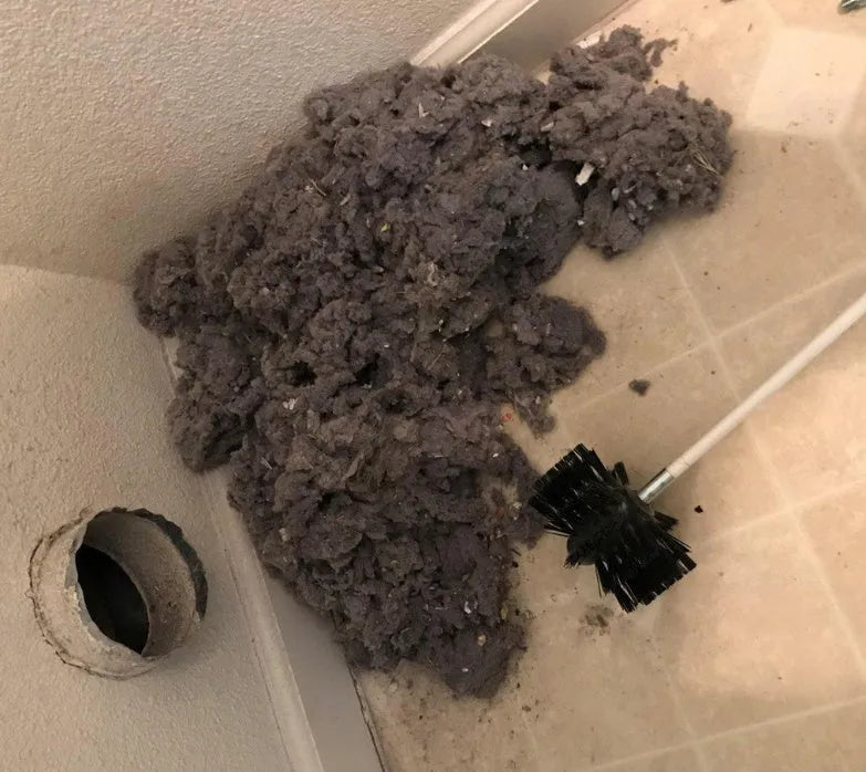Dryer vent cleaning brush with bendable pole and nylon bristles on a white background