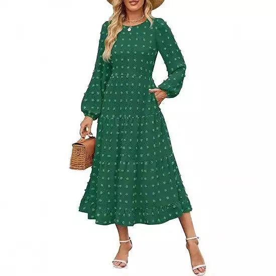 Beige casual long sleeve dress with ruffled sleeves, high waist, and round neck