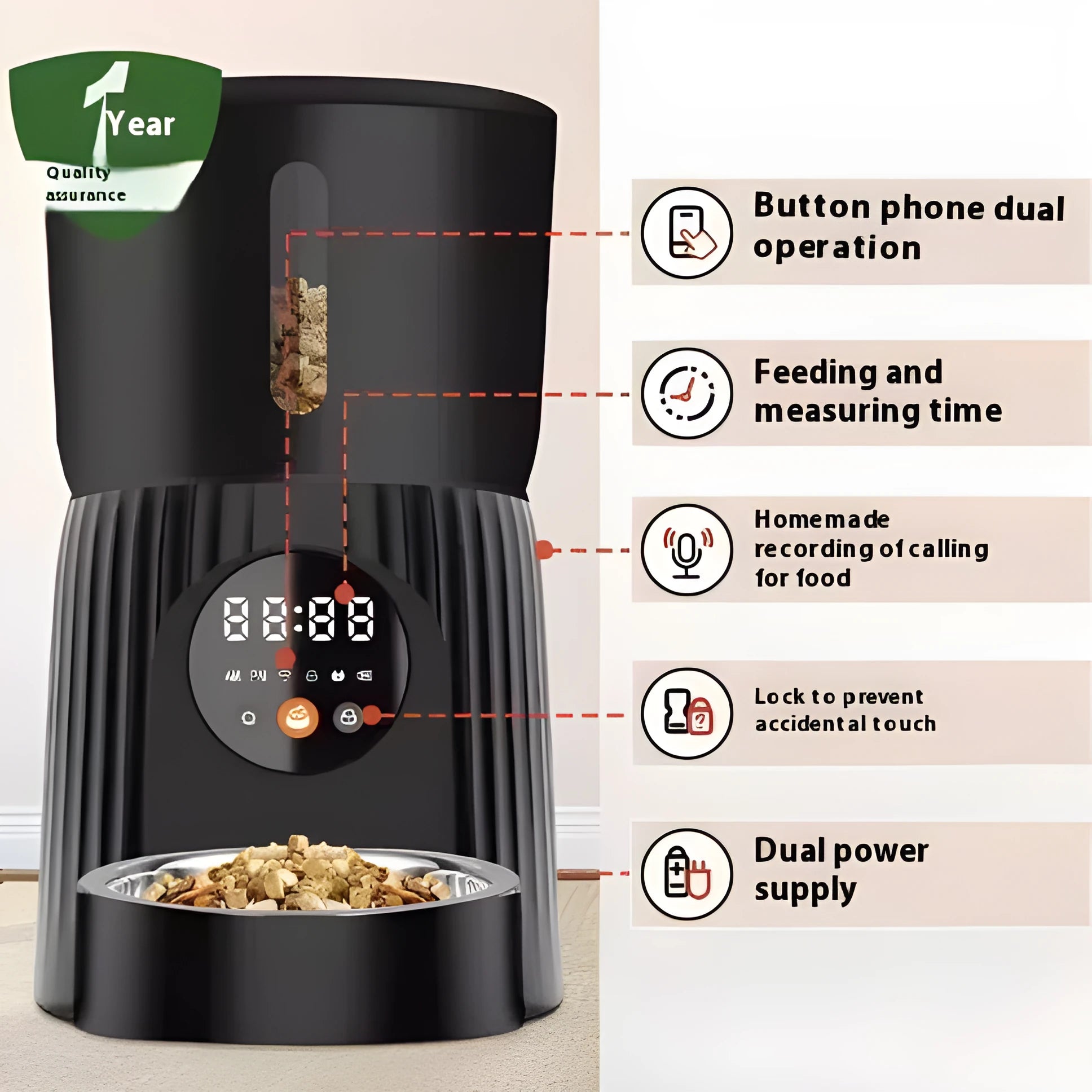 Black and white automatic pet feeder with digital display and food chamber for timed portion control