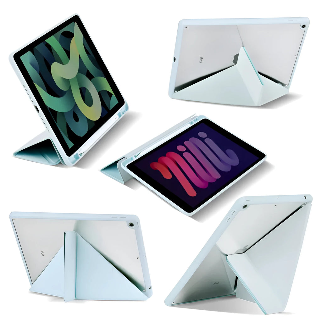 Acrylic Y-folding imitation leather iPad case in dark grey, showing stand mode and integrated pen slot.