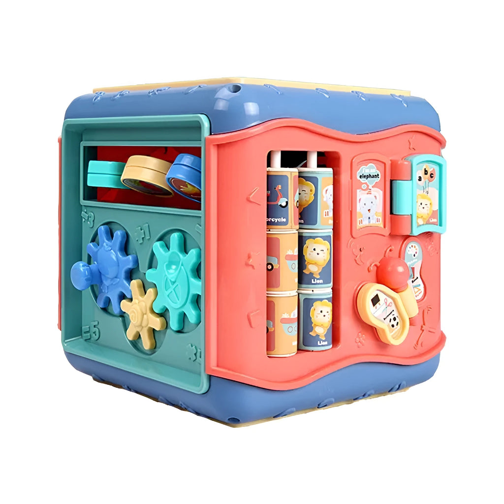 Montessori hexahedron educational toy cube with six different games including bead maze and clock face