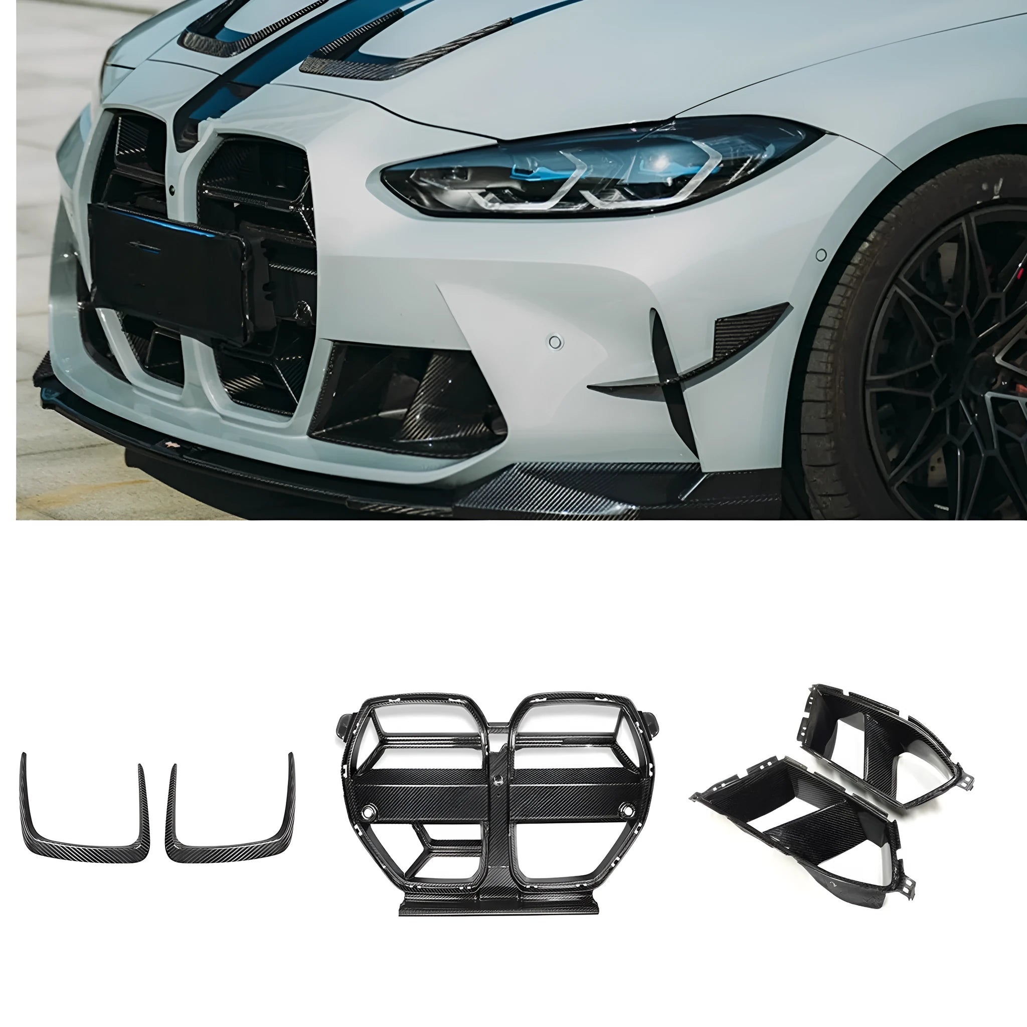 Dry carbon fibre front grille for BMW M3 M4 G80 G82 with 3K weave pattern