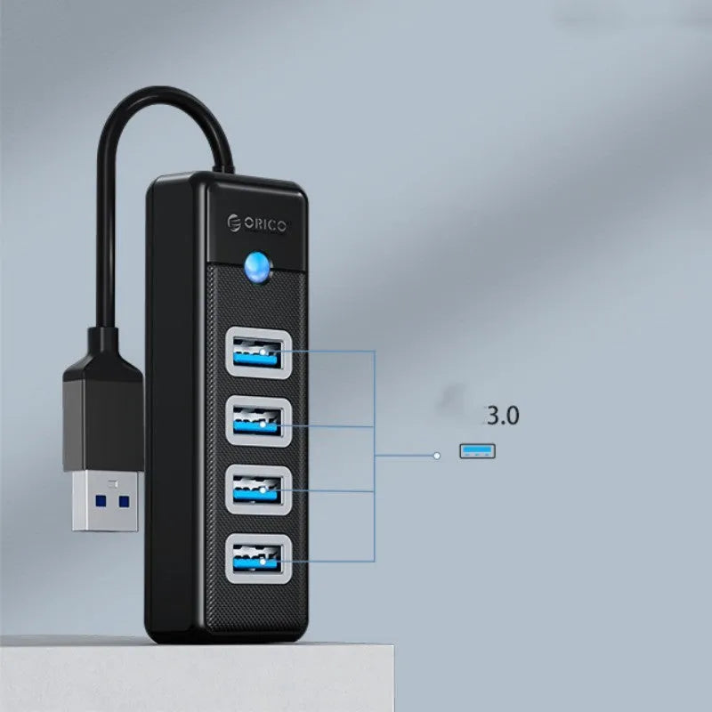 Black 4-Port USB 3.0 Hub with Type-C extender for notebook, 92.9 x 30.6 x 14.7 mm ABS housing