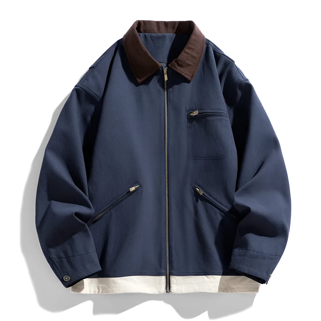 American retro workwear couple jacket with contrast lapels and side pockets in mint green colour
