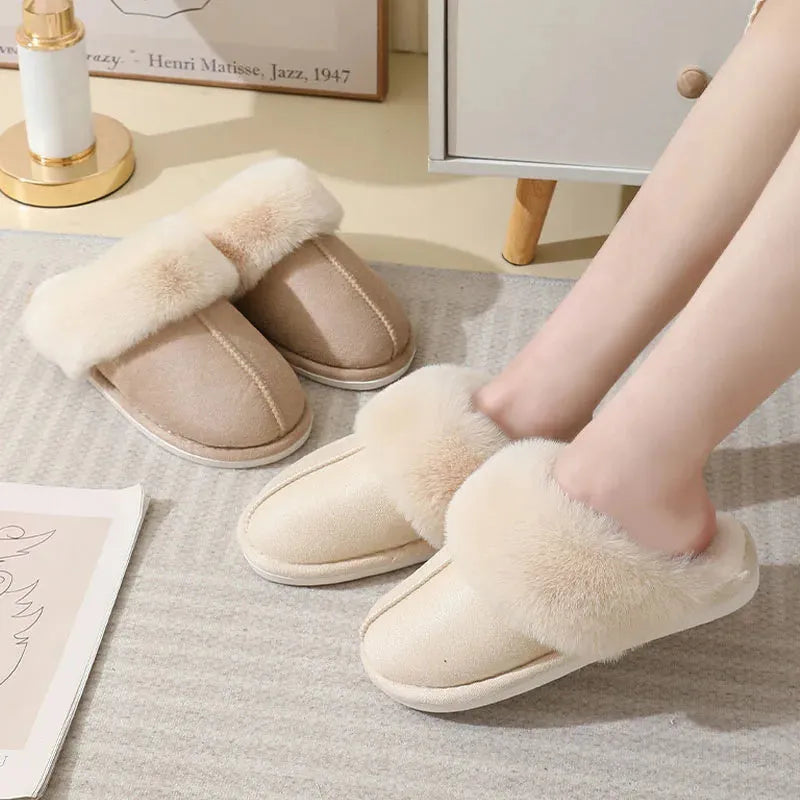 Women's indoor plush slippers in round-toe design with cotton upper and PVC anti-slip soles