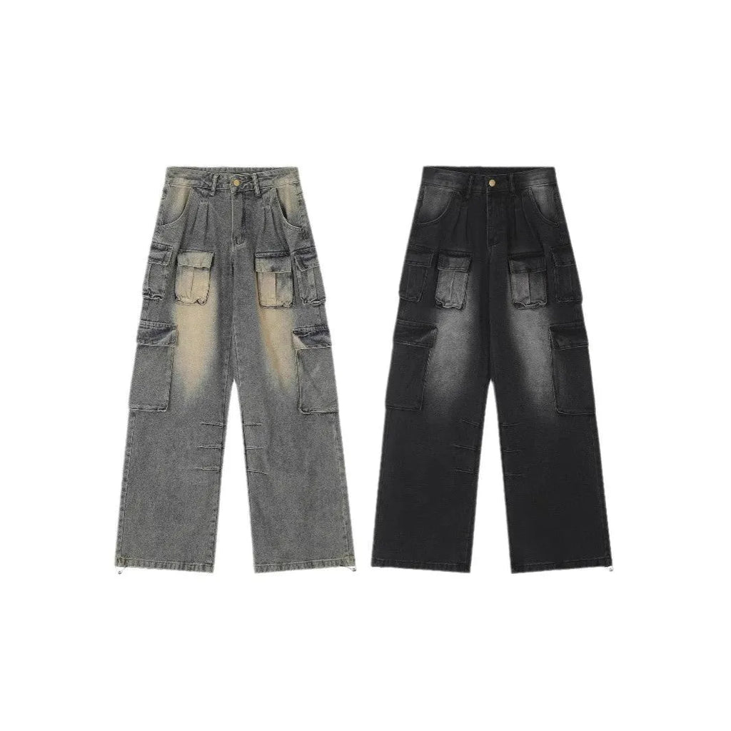 Light blue and black loose fit distressed denim pants with multiple tooling-style pockets