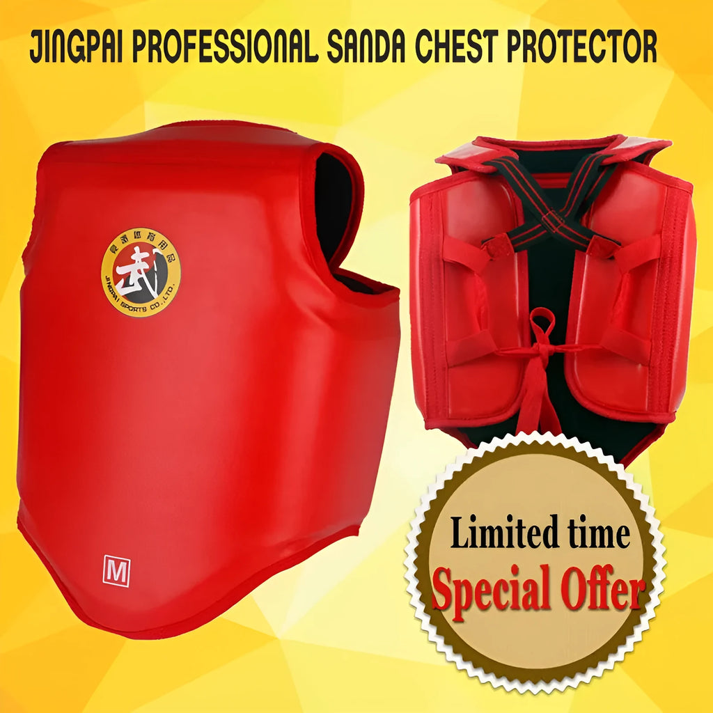Red boxing helmet and matching one-piece chest protector on a sports background.