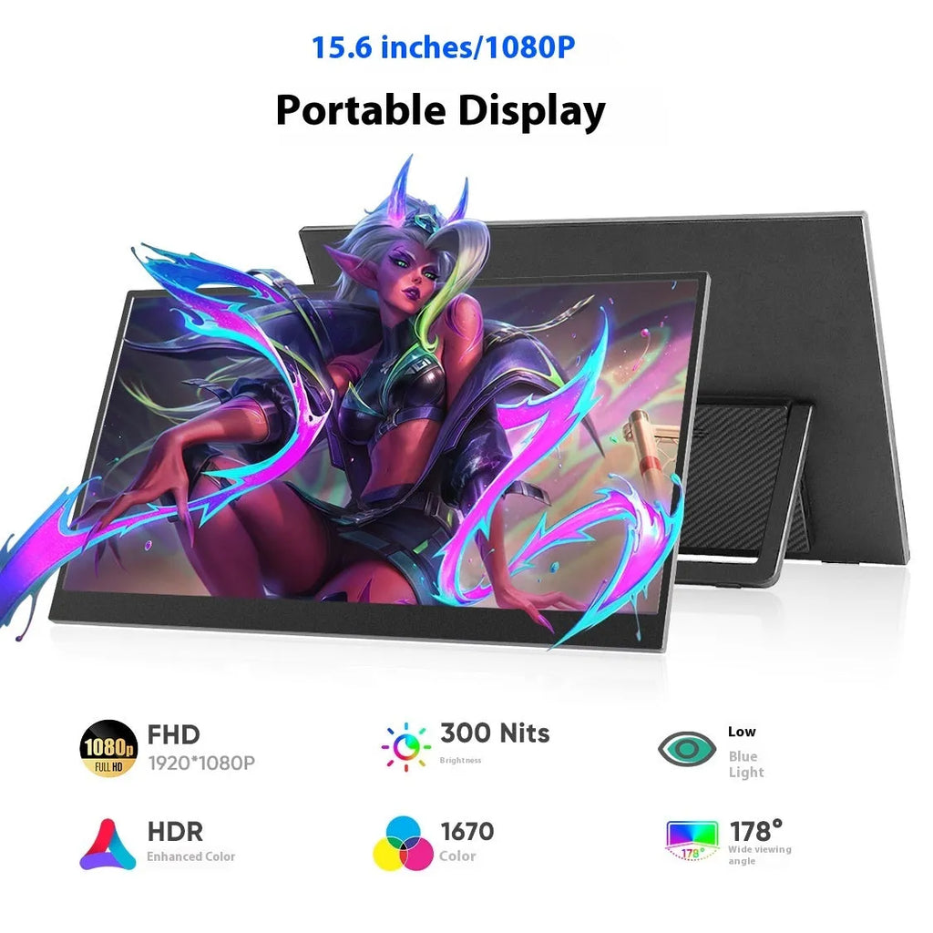 Black 15.6-inch portable LCD monitor with adjustable stand on a desk