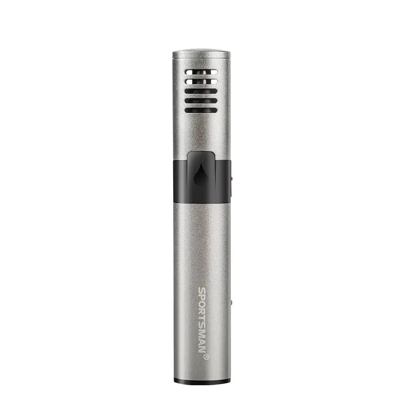 Silver grey metal aluminium tube USB rechargeable nose hair trimmer on clean background