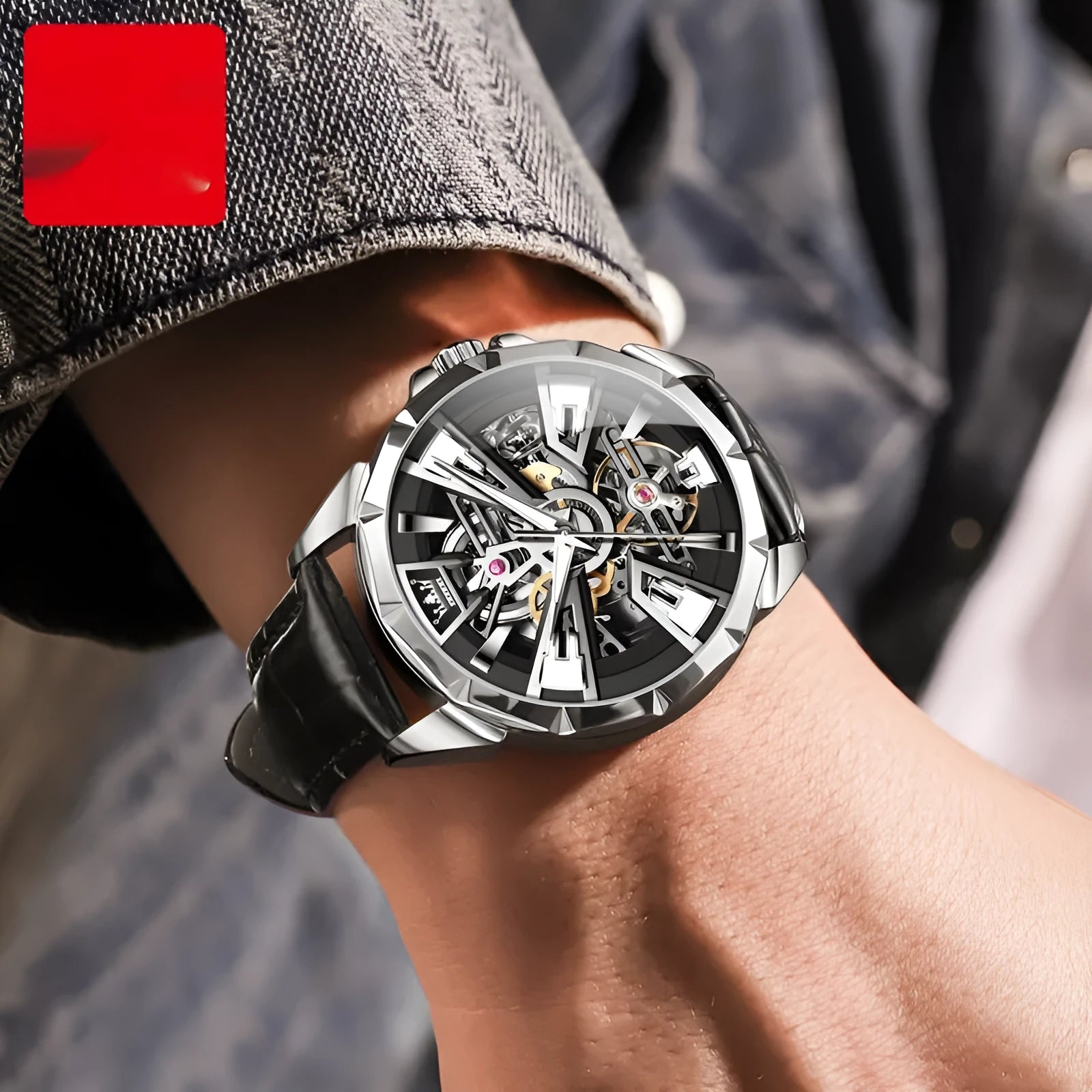 Men's automatic mechanical watch with hollow dial design and brown leather strap