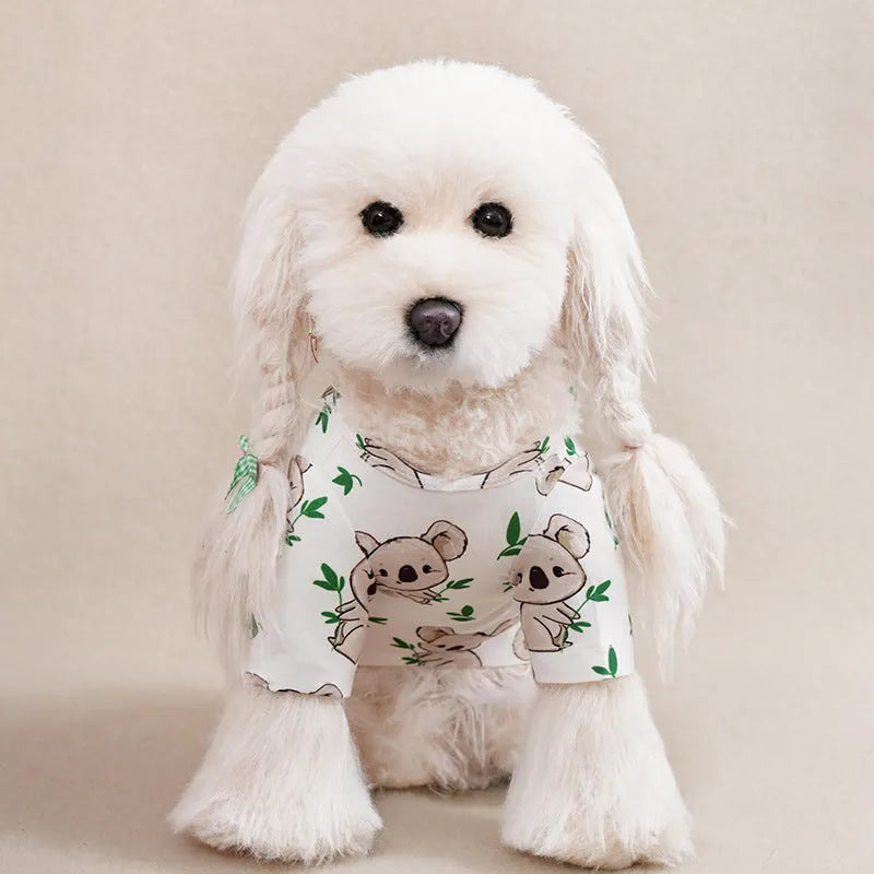 Printed polyester casual t-shirt for small dogs with full graphic design showing colour variants and size options