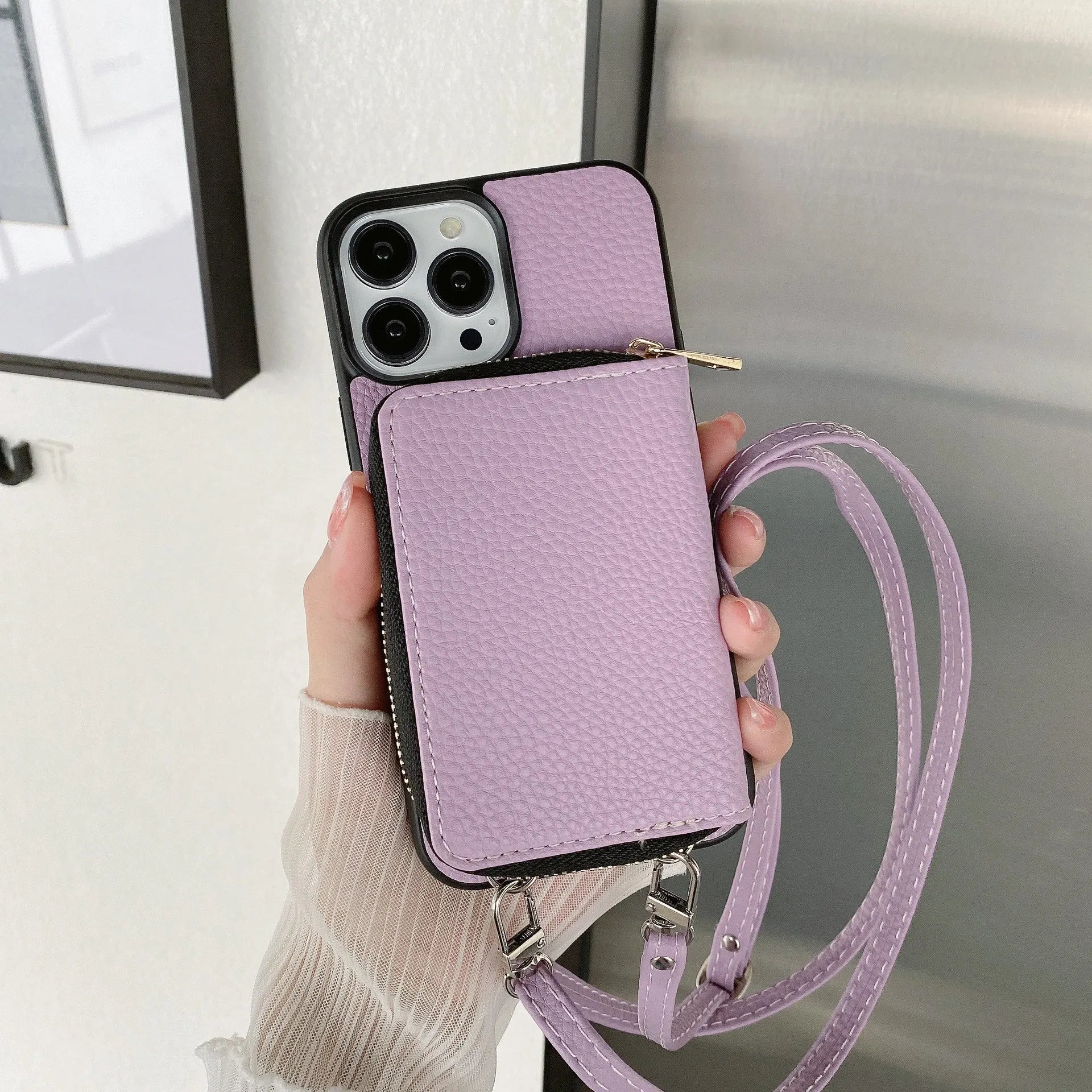 Litchi patterned iPhone protective case in various colours, showing PC and leather construction.