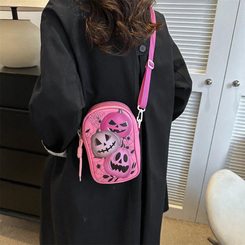 Halloween graffiti print crossbody bag with pumpkin ghost bat cartoons in medium size