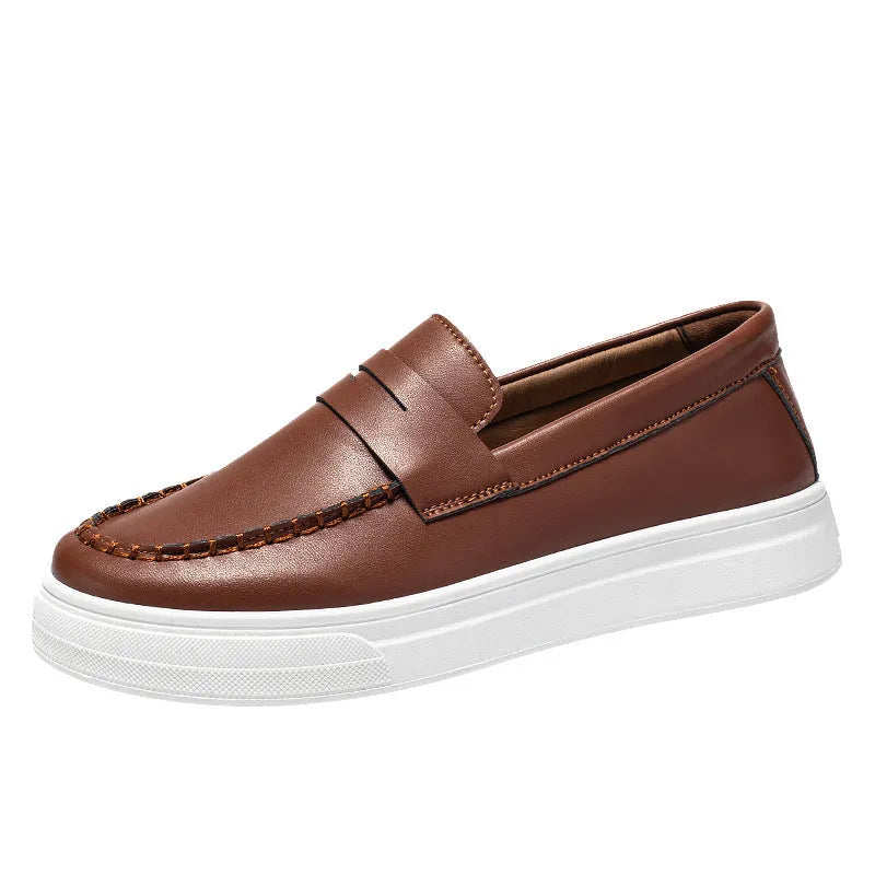 British style round toe casual shoes in PU leather, shown in white, black and white, and khaki colour options.