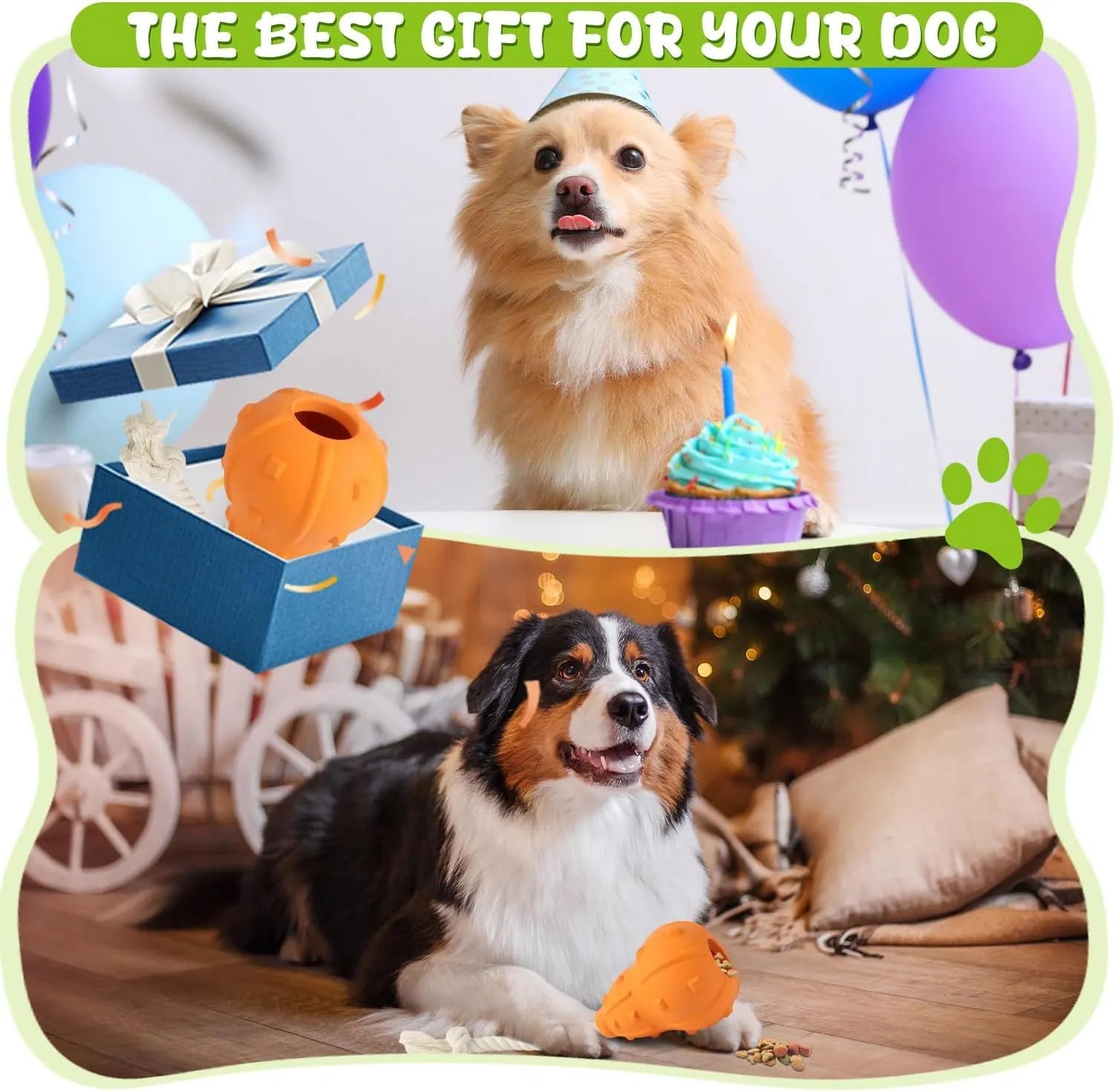 Natural rubber stuffable dog toy with a long strap for small to medium breed dogs.