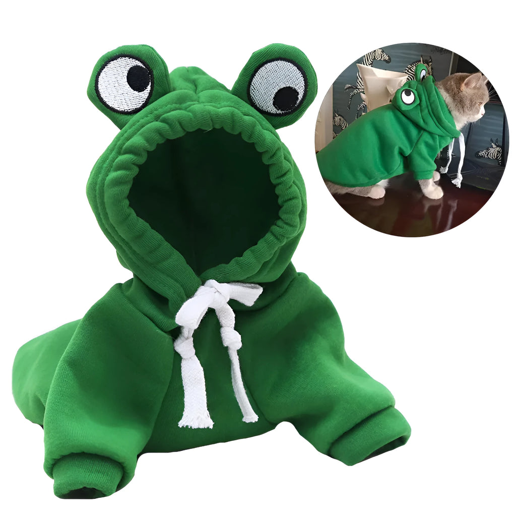 Green frog costume hoodie worn by a small dog, showing soft fabric and hood.