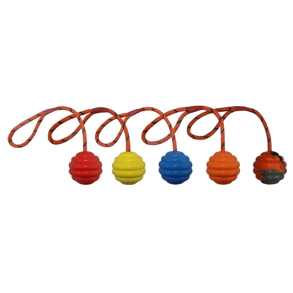 Rubber dog chew ball with knotted rope centre in multiple colours