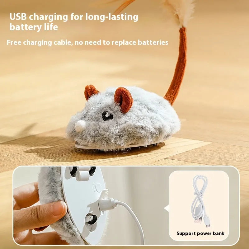 Electric cat pole toy with plush mouse in pink, purple or dark grey colours