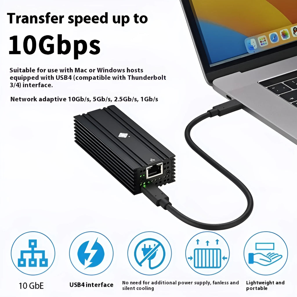 Black Leyu USB4 10 Gigabit network adapter with RJ45 port and short cable