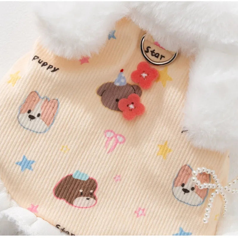 Winter fleece teddy dress with 3D ears for small dog in white, button closure and hood